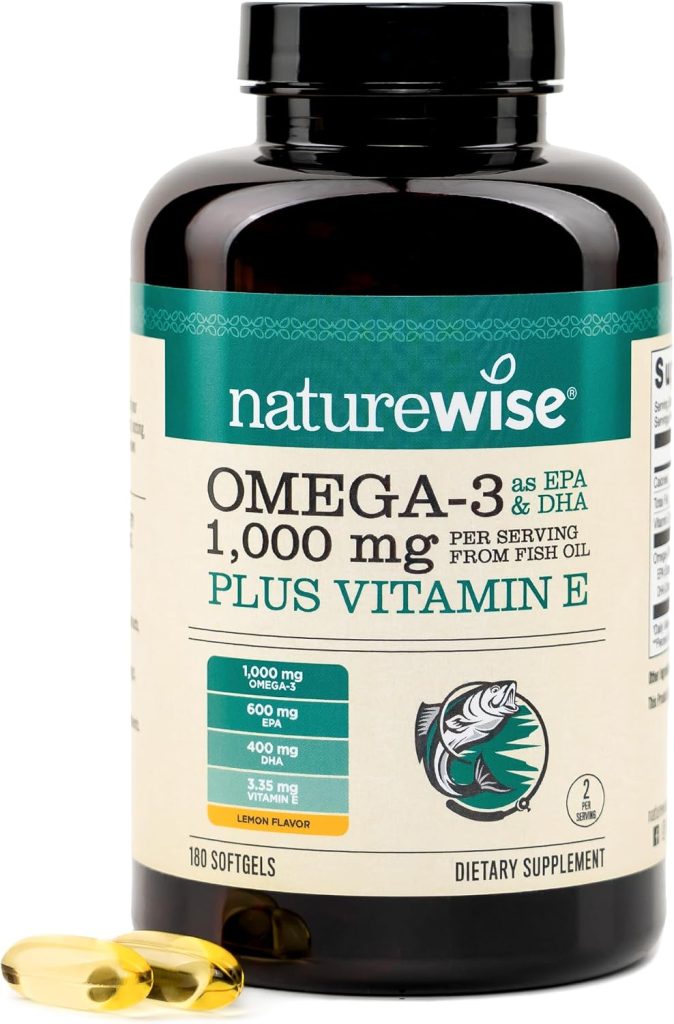 NatureWise Extra-Strength Omega 3 Fish Oil Supplement - 1000mg per Serving - 600 EPA & 400 DHA and Vitamin E - Sustainably Sourced Fish Oil - Lemon Flavor, GMO-Free - 180 Softgels[3-Month Supply]