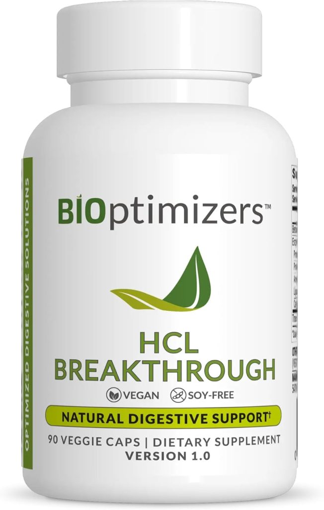 BIOptimizers HCL Breakthrough - Betaine Hydrochloride Enzymes Supplement - Assists with Protein Breakdown and Absorption - Helps Gas and Heartburn Relief - 90 Pepsin-Free Capsules