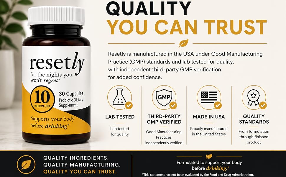 Resetly probiotic supplement highlighting GMP certification and quality testing.