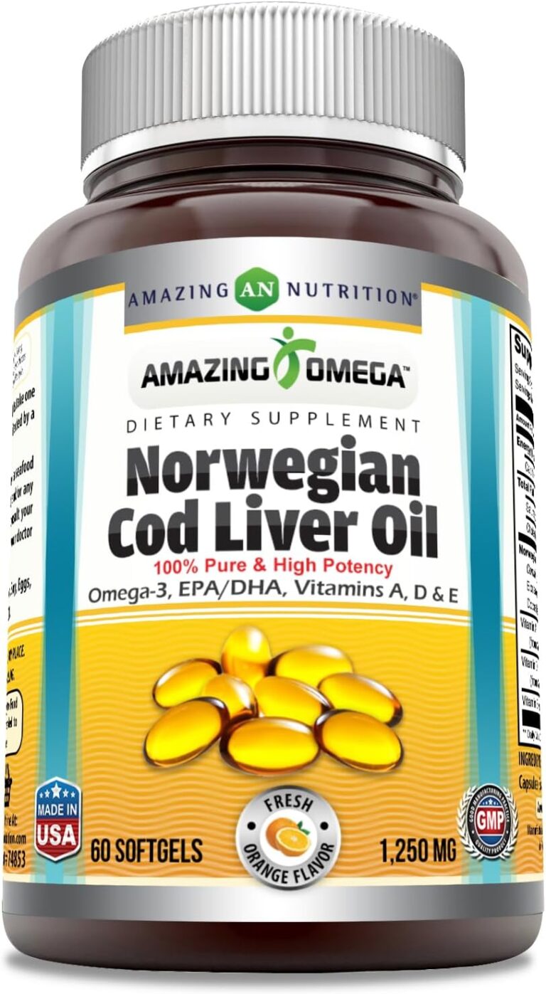 Amazing Omega Norwegian Cod Liver Oil 1250 Mg Softgels Supplement | Omega-3, EPA, DHA, Vitamin A, Vitamin D & Vitamin E (Orange | 60 Count)