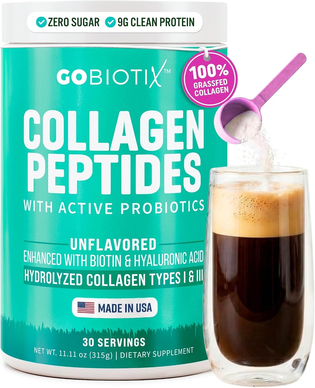 GOBIOTIX Collagen Peptides Powder with Probiotics, Biotin & Hyaluronic Acid – Hydrolyzed Collagen