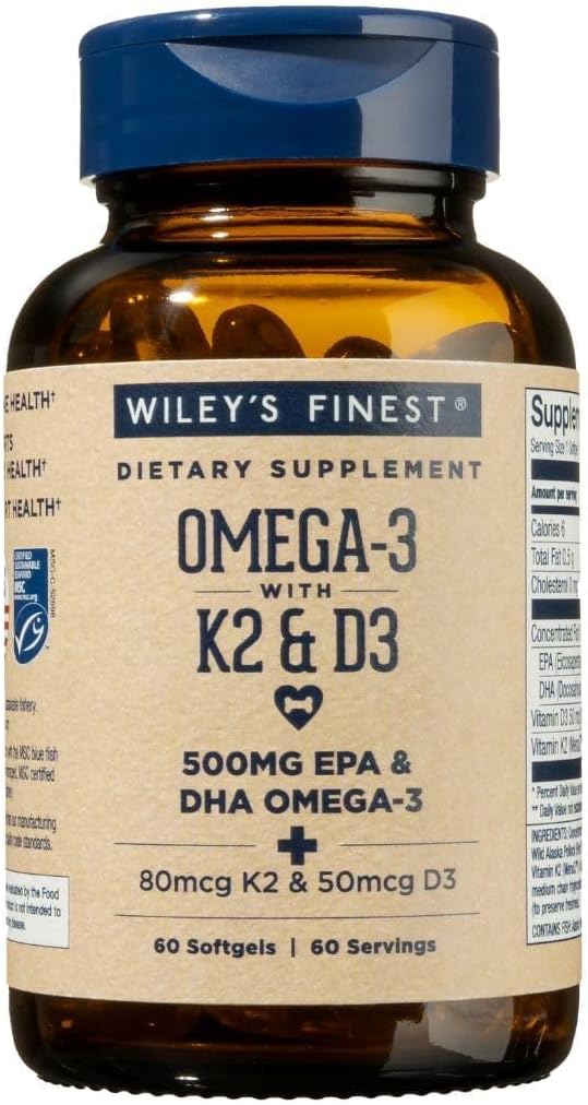 Wiley’s Finest Omega-3 with Vitamin K2 and D3, 60 Count (Pack of 1)