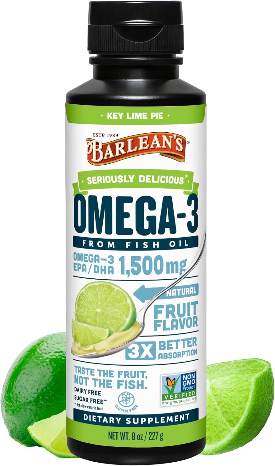 Barlean’s Key Lime Pie Omega-3 Fish Oil Liquid, 1500mg EPA & DHA, 8oz