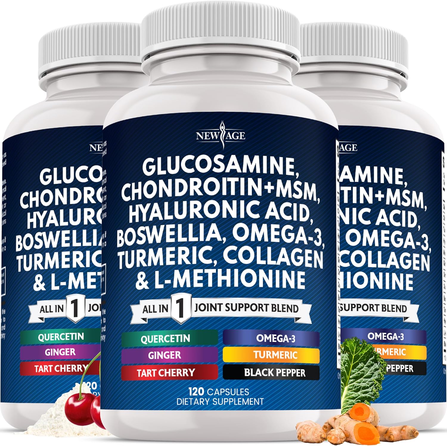 NEW AGE Glucosamine Chondroitin, MSM, Turmeric Curcumin, Collagen, Hyaluronic Acid, Omega 3 – Joint