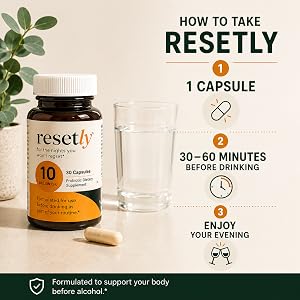 Resetly probiotic bottle with capsule and 30–60 minute pre-drink directions.