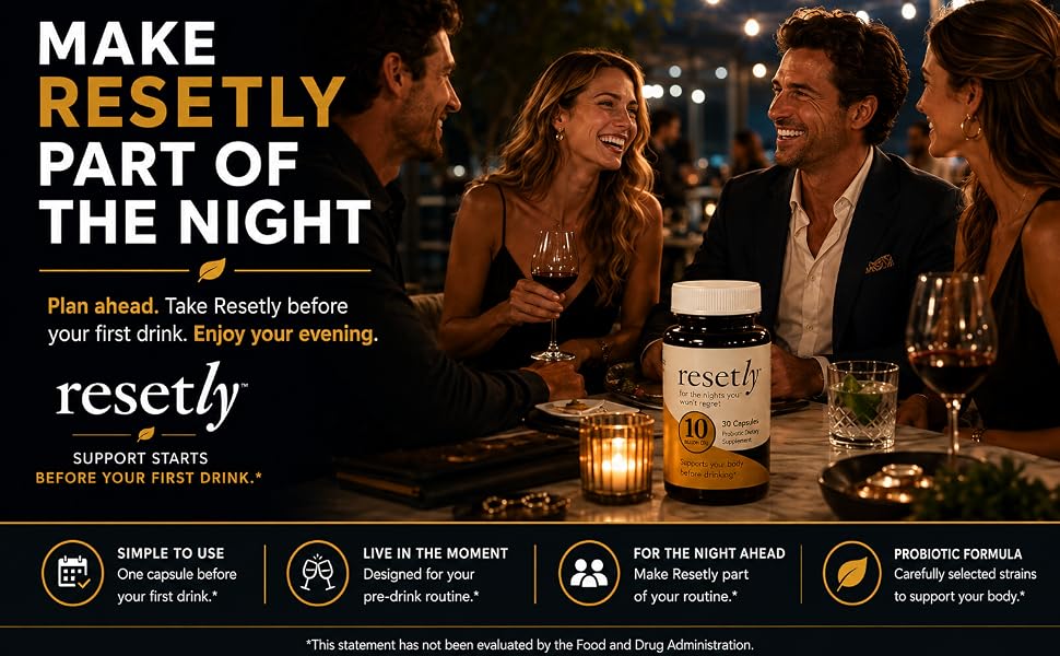 Resetly probiotic supplement with friends enjoying an evening out, designed for pre-drink support.
