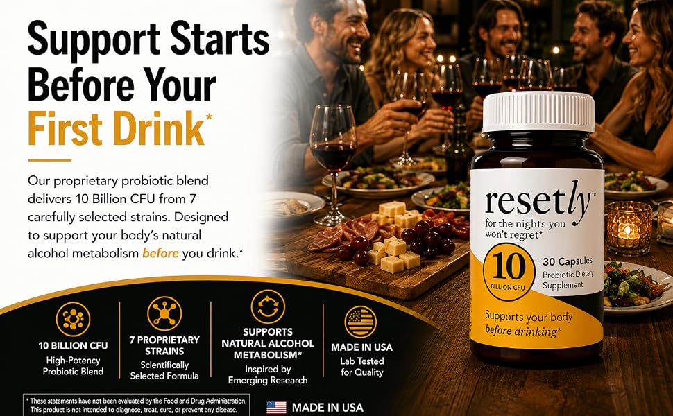 Resetly probiotic supplement bottle beside friends enjoying wine.